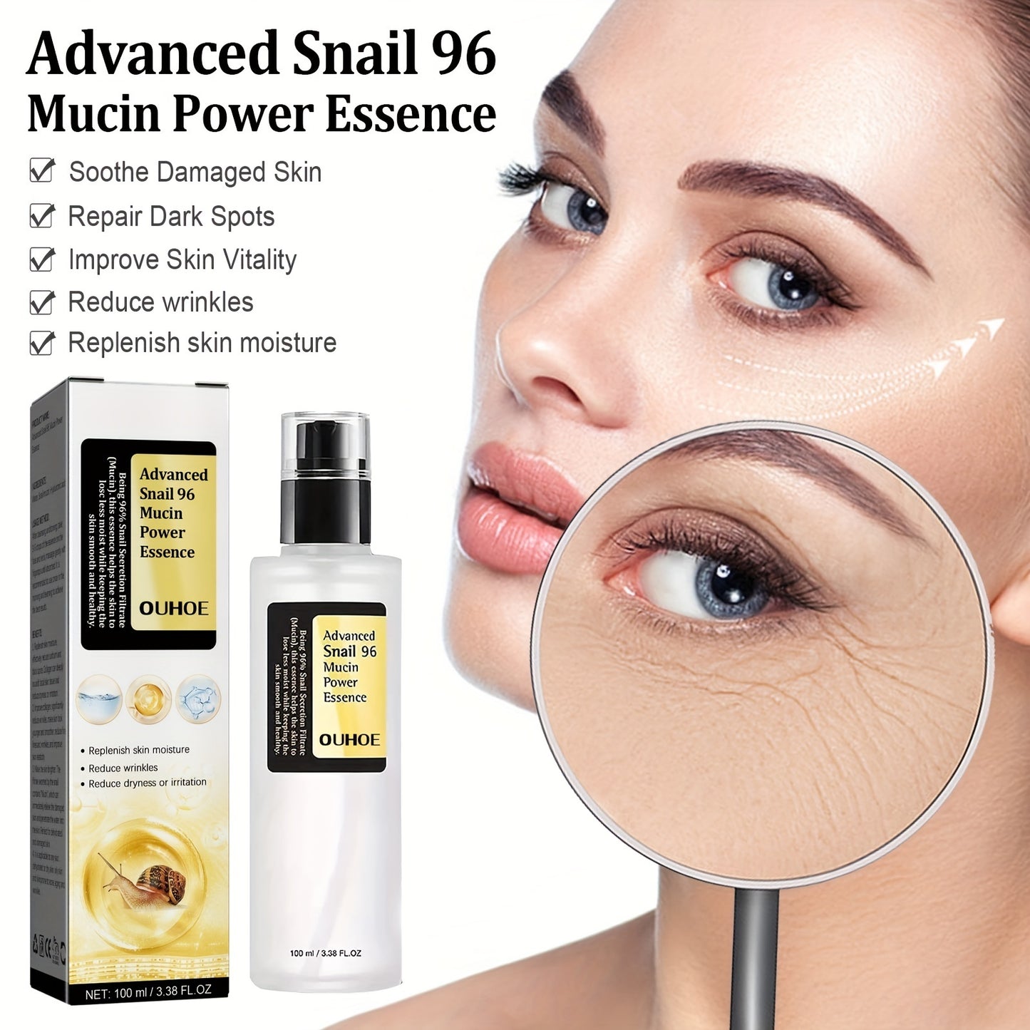 OUHOE - Snail Mucin Power Essence Moisturizer Hydrating Serum With Snail Secretion Filtrate For Dark Spots And Fine Lines